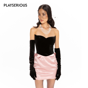 25秋新款 Jacqueline Nana 丝绒拼缎面蝴蝶结抹胸裙 徐如蓝同款