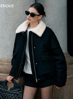 Marc Moore2025秋冬新款羊毛翻领黑白撞色羽绒服