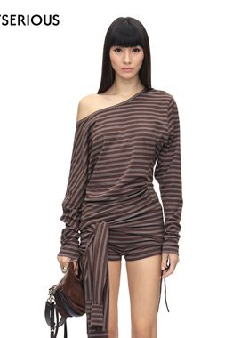 【现货】CNLEEWEI25秋新斜肩褶皱上衣围裹式短裤两件套女休闲套装