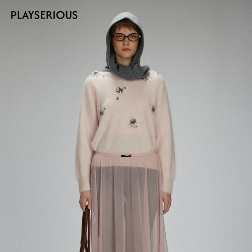 LACERTA 2025秋季新款超柔羊毛针织毛衣亮片点缀V领修身长袖上衣