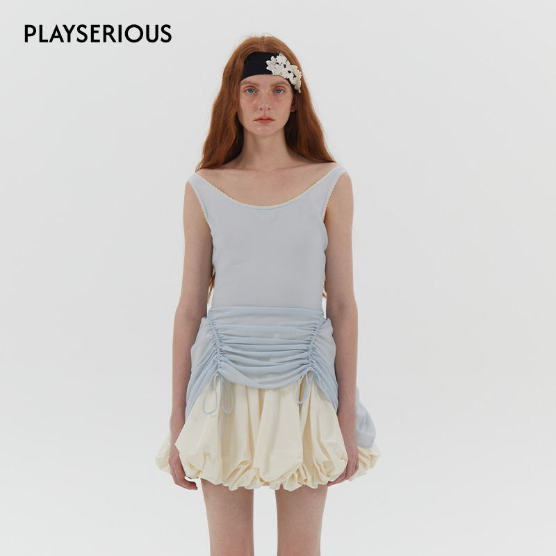 ASSIGNMENTS 2025夏季新款抽绳褶皱拼色背心连衣裙女