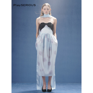 度假高级小众设计抹胸礼服裙女蓝色连衣裙长裙 新款 4MILE 春季