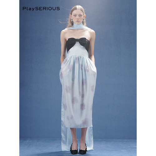 4MILE蓝色蝴蝶结抹胸茧型连衣裙