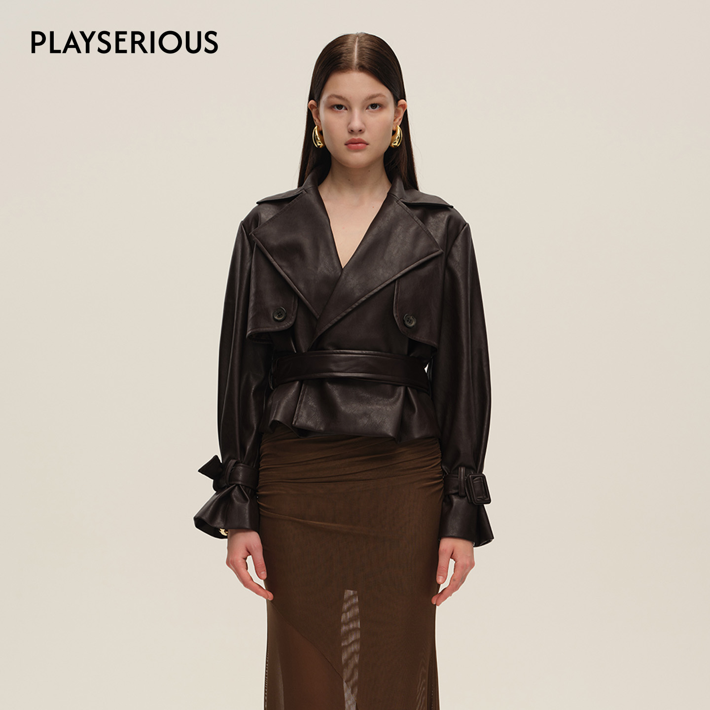 SIJIA SUDIO 2025秋冬新款深咖色短款皮风衣女时尚高级感皮衣外套