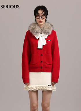 LACERTA 2025秋冬新款可拆卸毛领羊毛针织外套女通勤风休闲针织衫