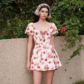 Luck 2026春夏新款 印花泡泡袖 Sheer 度假连衣裙女收腰短款 连衣裙