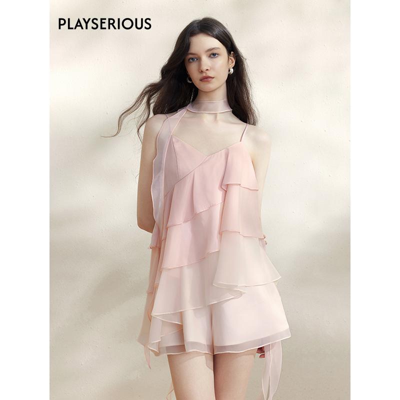 渐变透纱蛋糕连体裤（配飘带）