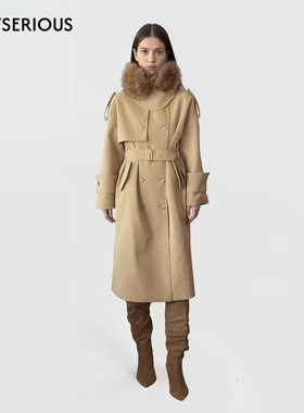 KIKI CHAU 2025秋冬新款反绒皮可拆卸毛领风衣夹棉款女中长款外套