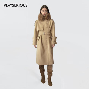 KIKI CHAU 2025秋冬新款反绒皮可拆卸毛领风衣夹棉款女中长款外套