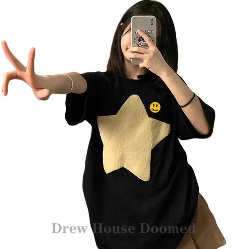 官方正品Drew Sava Doomed笑脸复古纯棉短袖t恤女夏季正肩上衣