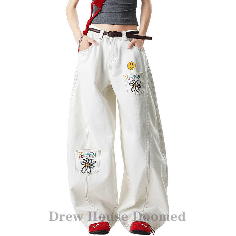 Drew House Doomed笑脸花卉印花弯刀牛仔裤男女夏季情侣工装裤子