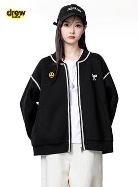 Drew House新笑脸女士黑色棒球服外套春秋宽松拉链开衫夹克上衣潮