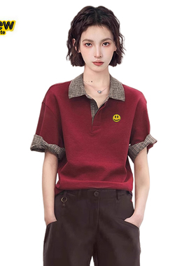 Drew House正品笑脸女士红色假两件正肩短袖t恤中袖polo半袖上衣
