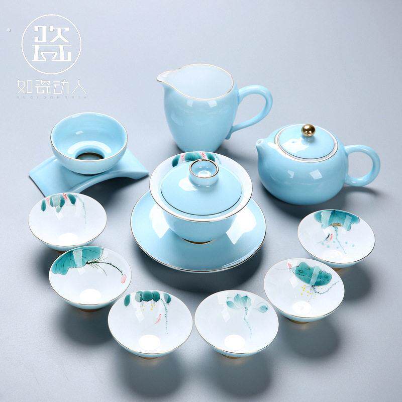 德化白瓷手绘功夫茶具套装家用简约陶瓷盖碗泡茶壶整套喝茶杯