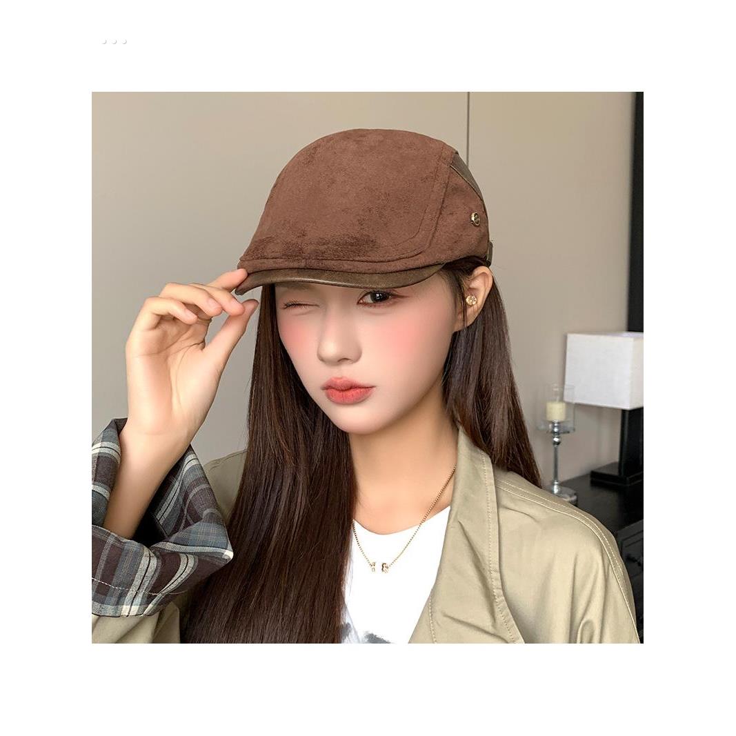 覆古麂皮绒前进帽女2025新款秋冬季显脸小大头围反戴报童贝雷帽子