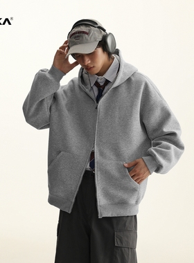 XAKA基础款纯色开衫卫衣男春秋冬新款加绒加厚双拉链宽松连帽外套