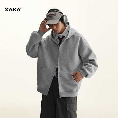 XAKA基础款纯色开衫卫衣男秋潮牌美式双拉链连帽外套宽松挺括帽衫