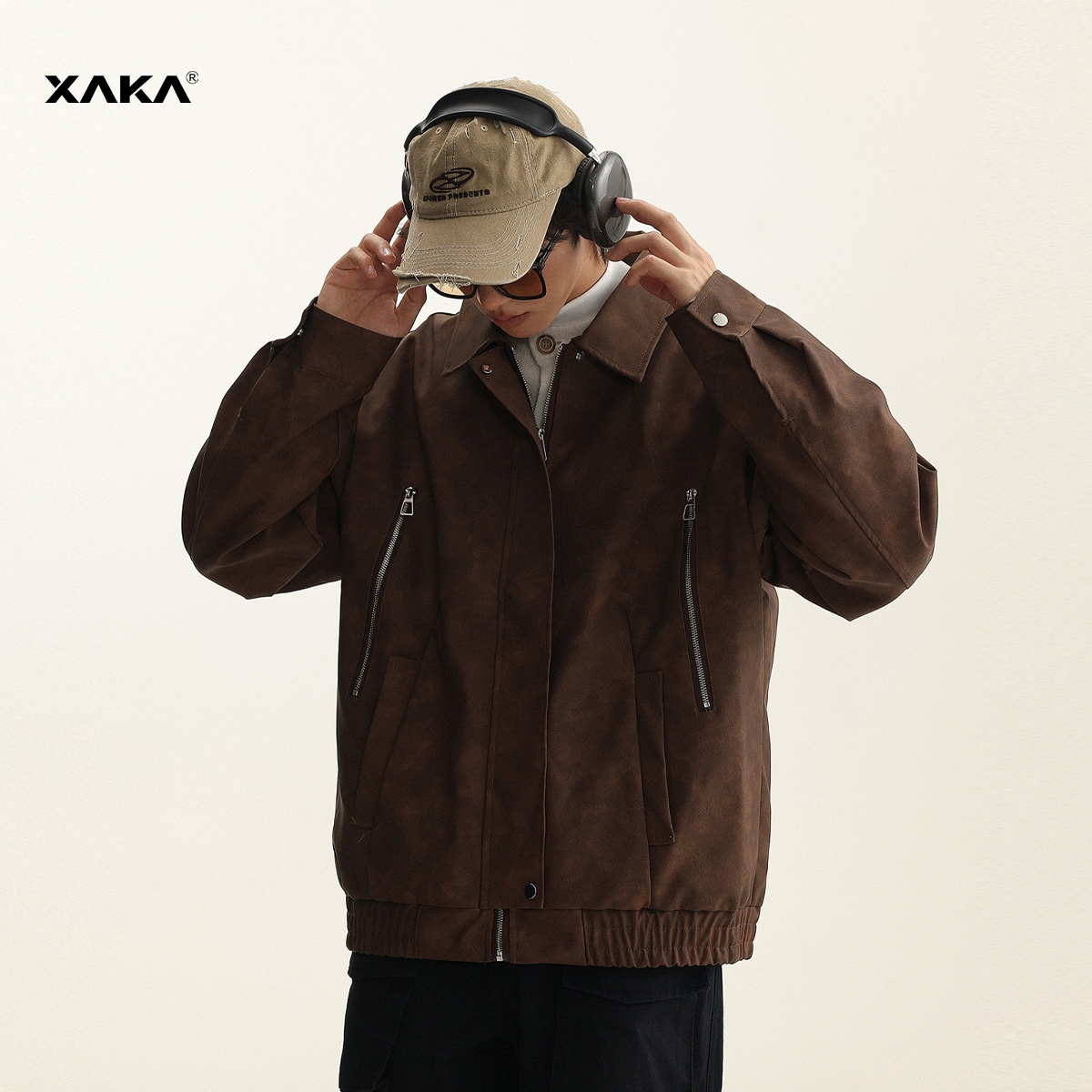 XAKA潮翻领皮衣青春流行