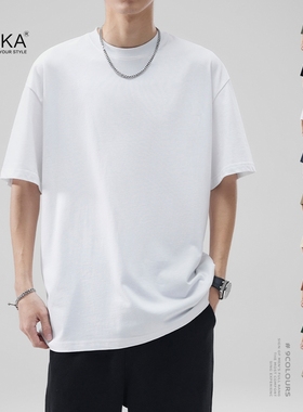 XAKA三本针280重磅小领口短袖t恤纯棉男款纯色圆领宽松打底衫夏季
