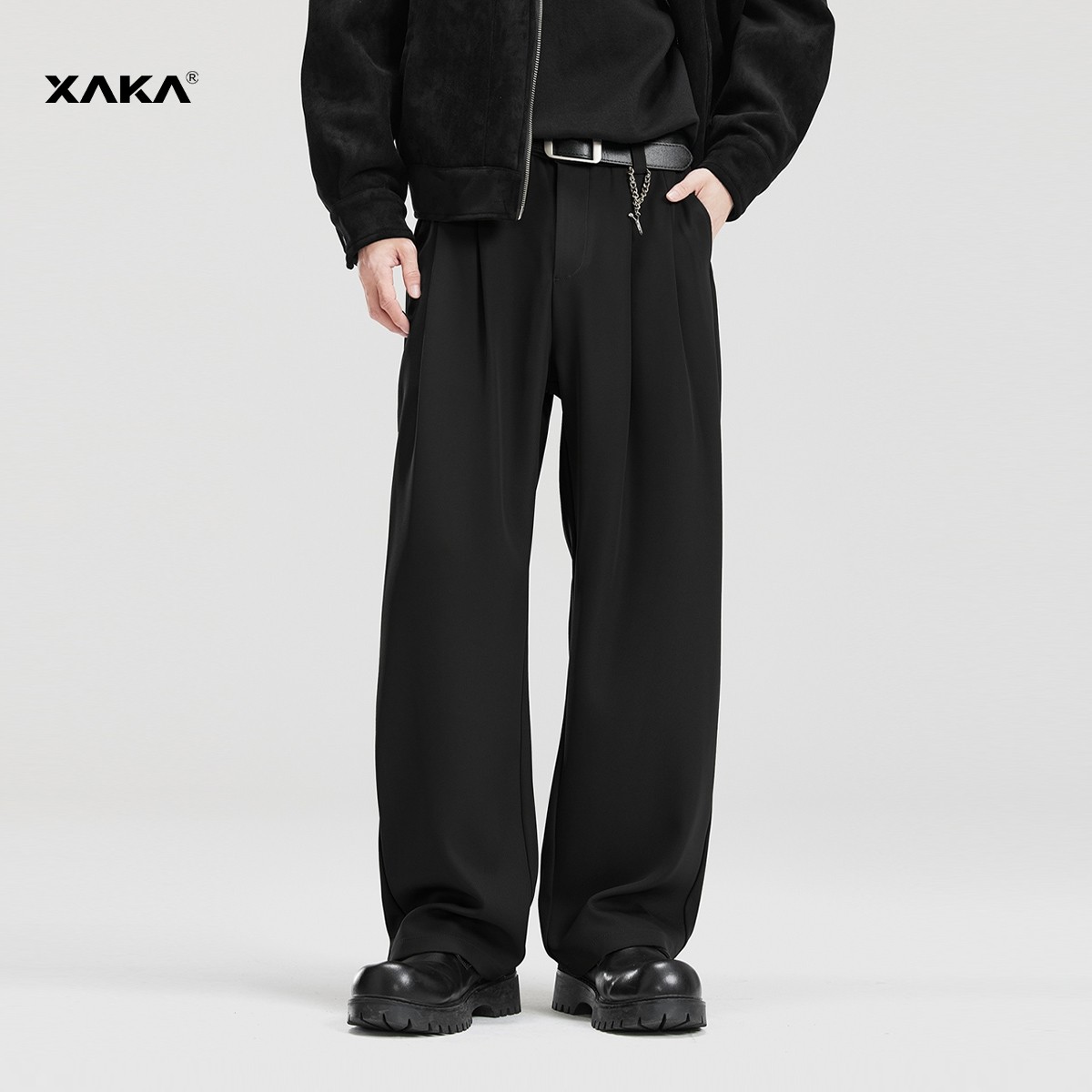 XAKA黑色褶皱设计直筒休闲裤男秋2025新款宽松慵懒风垂感阔腿西裤