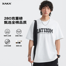 XAKA夏季新款重磅纯棉花灰色短袖T恤男美式休闲印花圆领宽松半袖