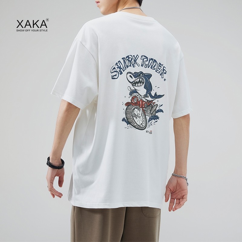 xaka夏季新款潮牌卡通趣味印花纯棉短袖男宽松小领口休闲t恤半袖