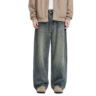 XAKA秋季新款重磅水洗阔腿牛仔裤男潮流百搭宽松垂感直筒休闲长裤