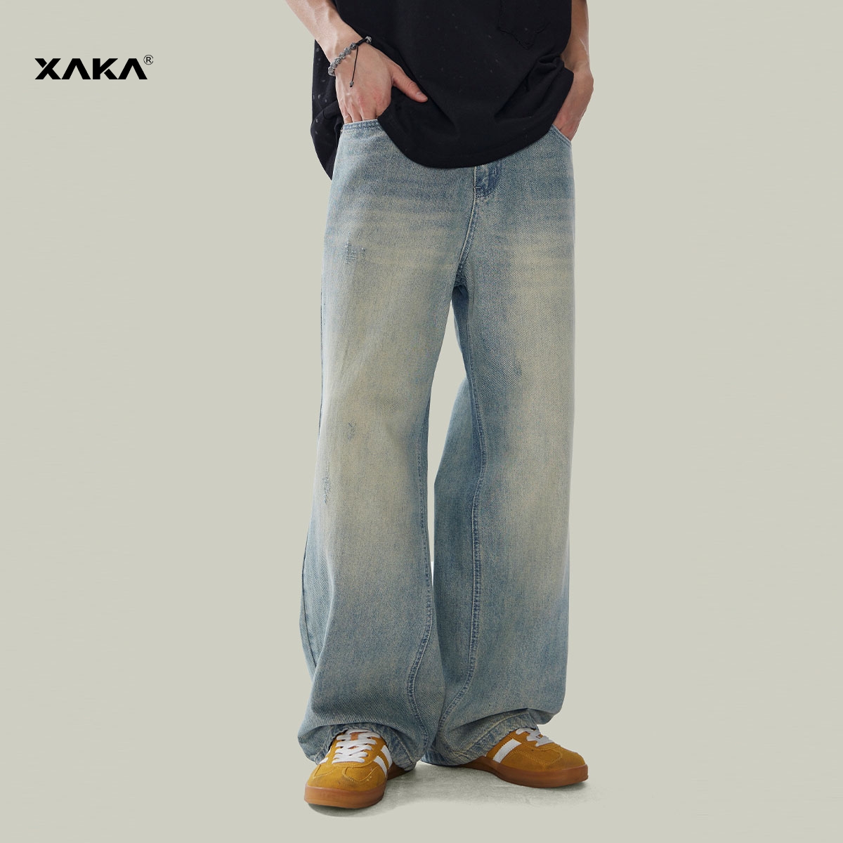 XAKA美式水洗直筒宽松牛仔裤