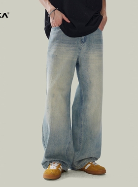 XAKA美式浅色水洗直筒宽松牛仔裤男cleanfit黄泥染堆叠长裤高级感