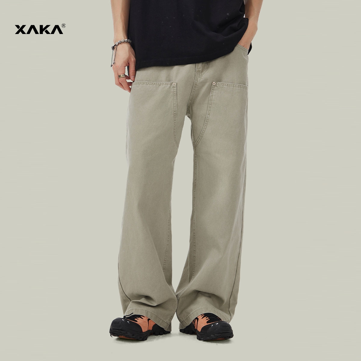XAKA美式复古拼接设计感伐木裤
