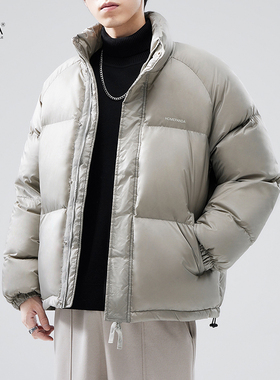 XAKA美式复古立领白鸭绒羽绒服男纯色宽松加厚面包服潮牌情侣外套