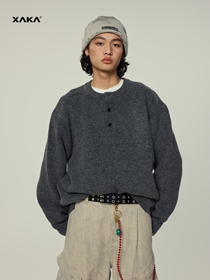 XAKA美式亨利领花纱针织套头毛衣男冬2026新款宽松慵懒风加厚上衣