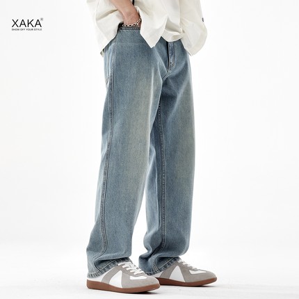 XAKA美式休闲直筒牛仔裤男潮牌水洗垂感百搭长裤子cleanfit阔腿裤