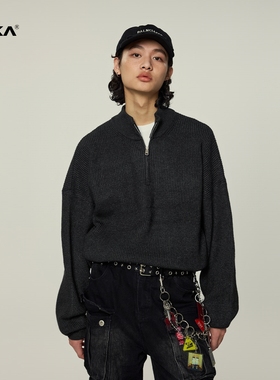 XAKA黑色半拉链立领毛衣男秋冬2024新款美式高街慵懒风针织衫上衣