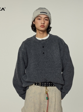 XAKA美式亨利领花纱针织套头毛衣男冬2024新款宽松慵懒风加厚上衣