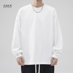 XAKA260重磅小领口纯色长袖t恤男内搭卫衣纯棉圆领宽松打底衫上衣