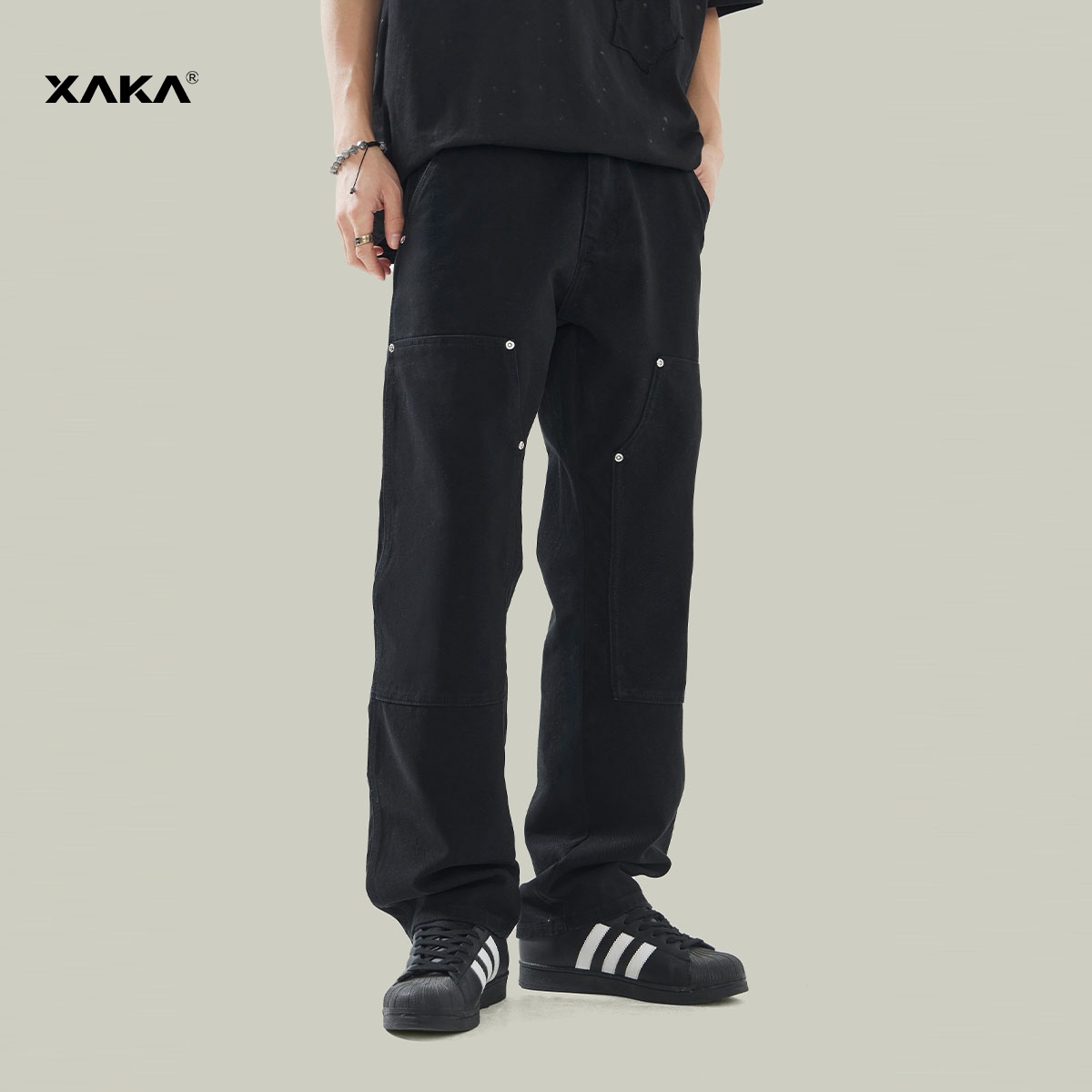 XAKA美式复古宽松直筒水洗牛仔裤