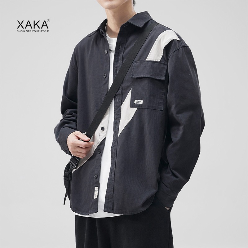 xaka春季简约撞色夹克男士百搭纯棉上衣潮牌叠穿外套长袖工装衬衫