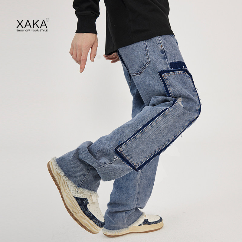 xaka 美式高街潮牌水洗双拼色牛仔裤男女嘻哈猫须补丁破洞拖地裤