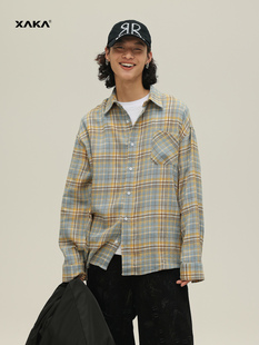 XAKA美式复古磨毛格子长袖衬衫男女情侣2025春秋宽松慵懒衬衣外套