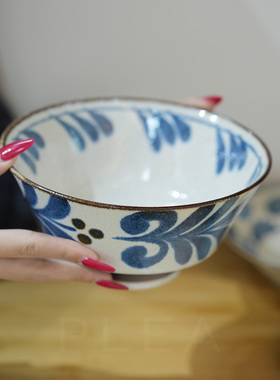 日本CERAM冲绳花线条圆点日式复古磨砂粗陶瓷沙拉盘面碗饭碗菜盘