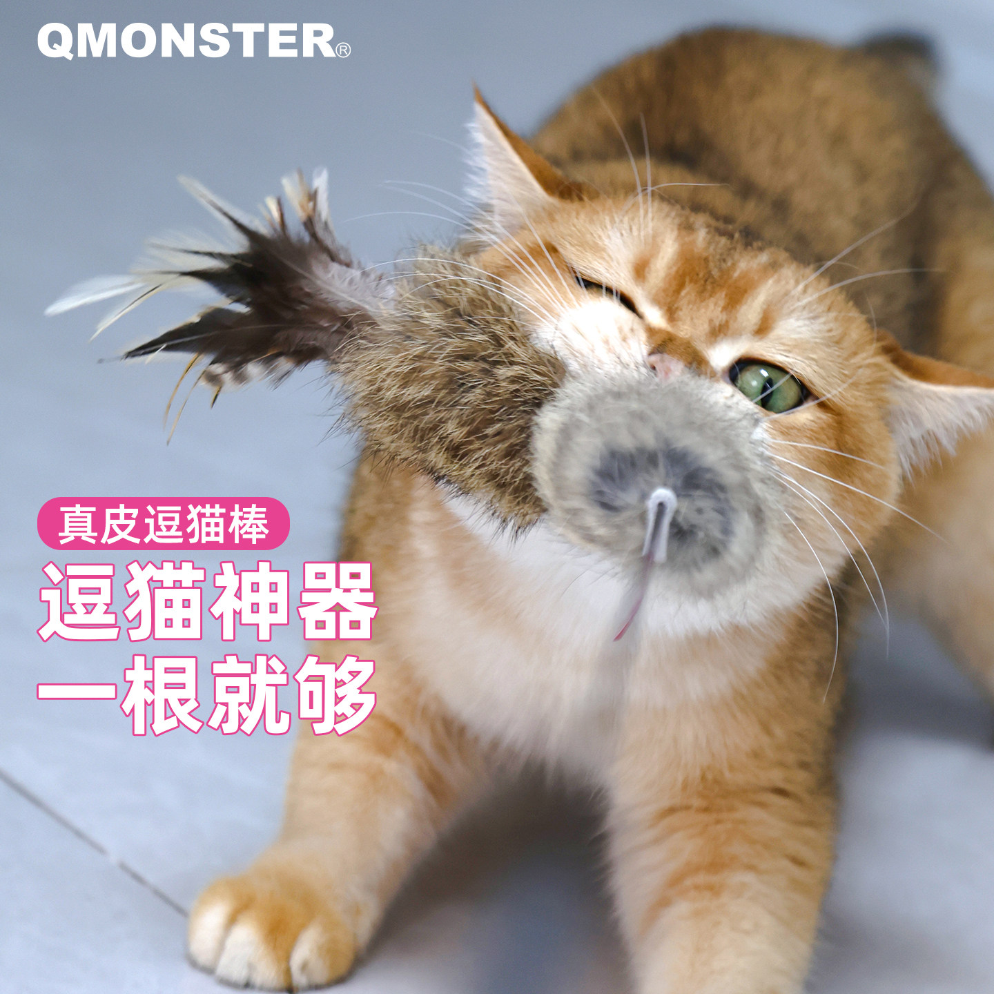 QMONSTER猫玩具自嗨解闷神器真皮逗猫棒羽毛耐咬养猫幼猫宠物用品
