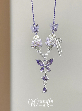 蝴蝶结紫水晶项链手工编织小花