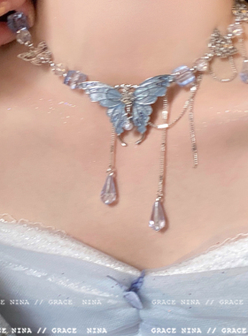 正向共振！重工蓝色水晶蝴蝶项链女款2025新款小众轻奢锁骨链配饰