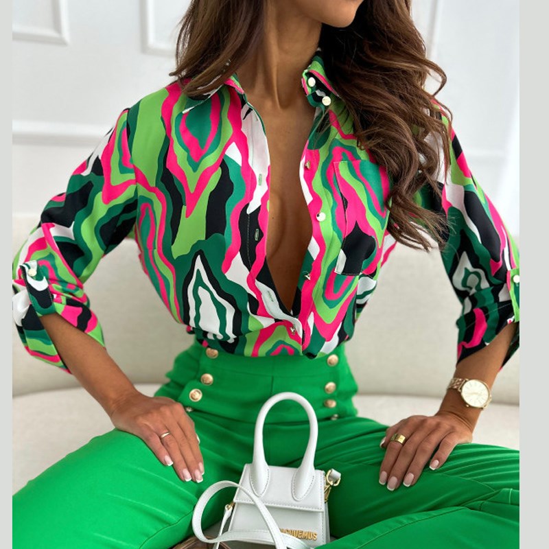 欧美春夏季女装气质印花修身长袖衬衫POLO领衬衣women blouse