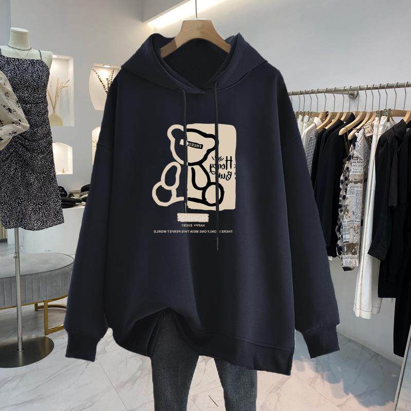 黑色连帽卫衣女装秋冬大码穿搭宽松中长款遮屁股加绒加厚印花外套