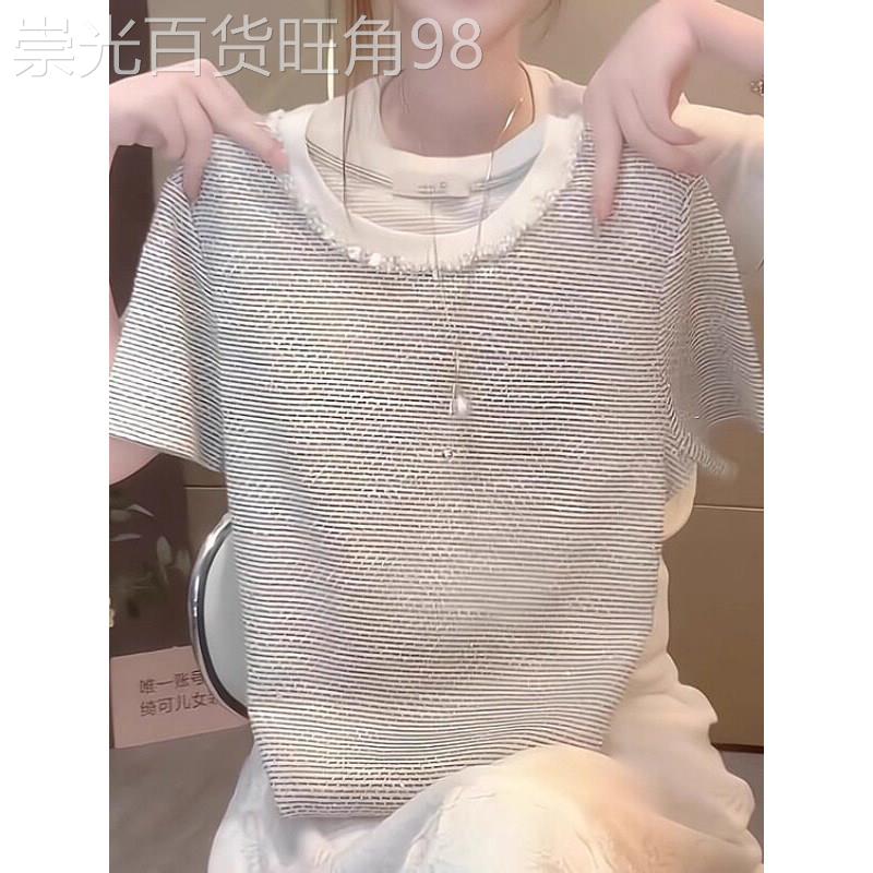 灰色镶钻圆领短袖T恤女2026夏季新款高级感大尺码胖mm显瘦正肩上