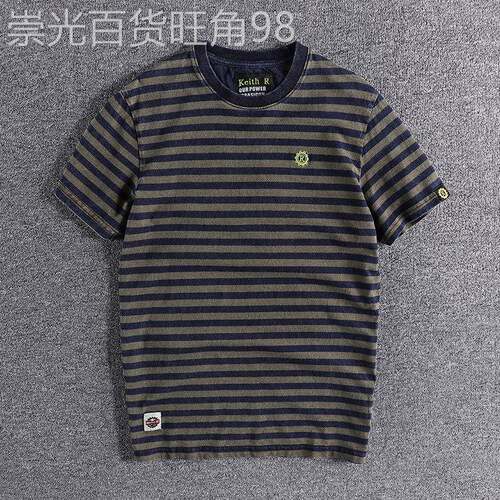 代购香港潮男夏季复古拼接领口条纹男士圆领短袖T恤休闲青年上衣