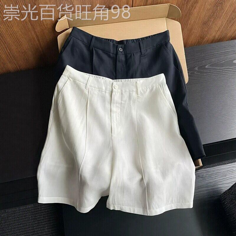 潮牌老钱风亚麻短裤男款夏季外穿棉麻裤子松弛感不过膝四分西装裤