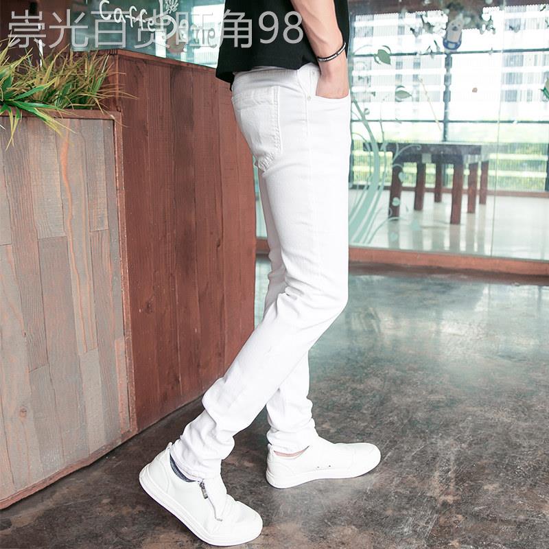 香港高端夏季白色牛仔裤男弹力修身小脚百搭韩版商务休闲长裤子潮